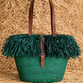 Green woven handbag with raffia trim 
