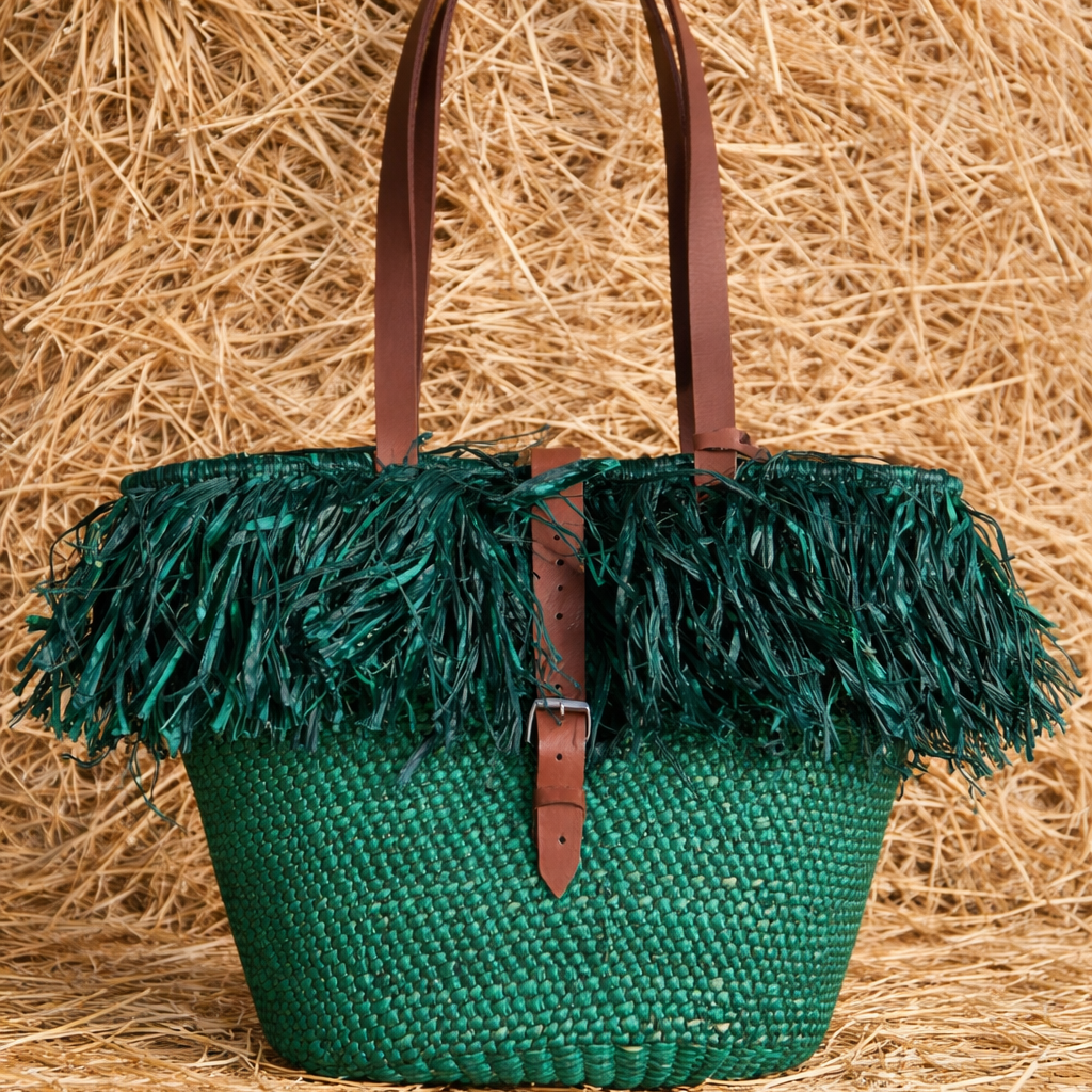 Green woven handbag with raffia trim 